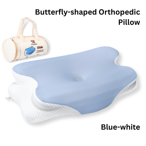 Blue and white butterfly-shaped orthopedic pillow with a small packaging labeled 'Glide' on a white background.