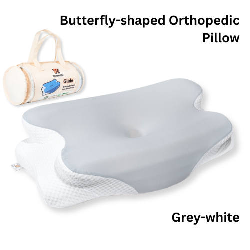Butterfly-shaped orthopedic pillow with a smaller pillow labeled 'Glide' on a white background.