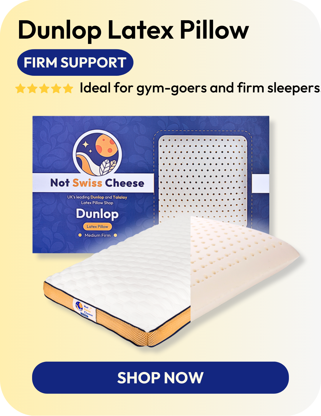 Dunlop latex pillow for neck support with packaging on a light yellow background