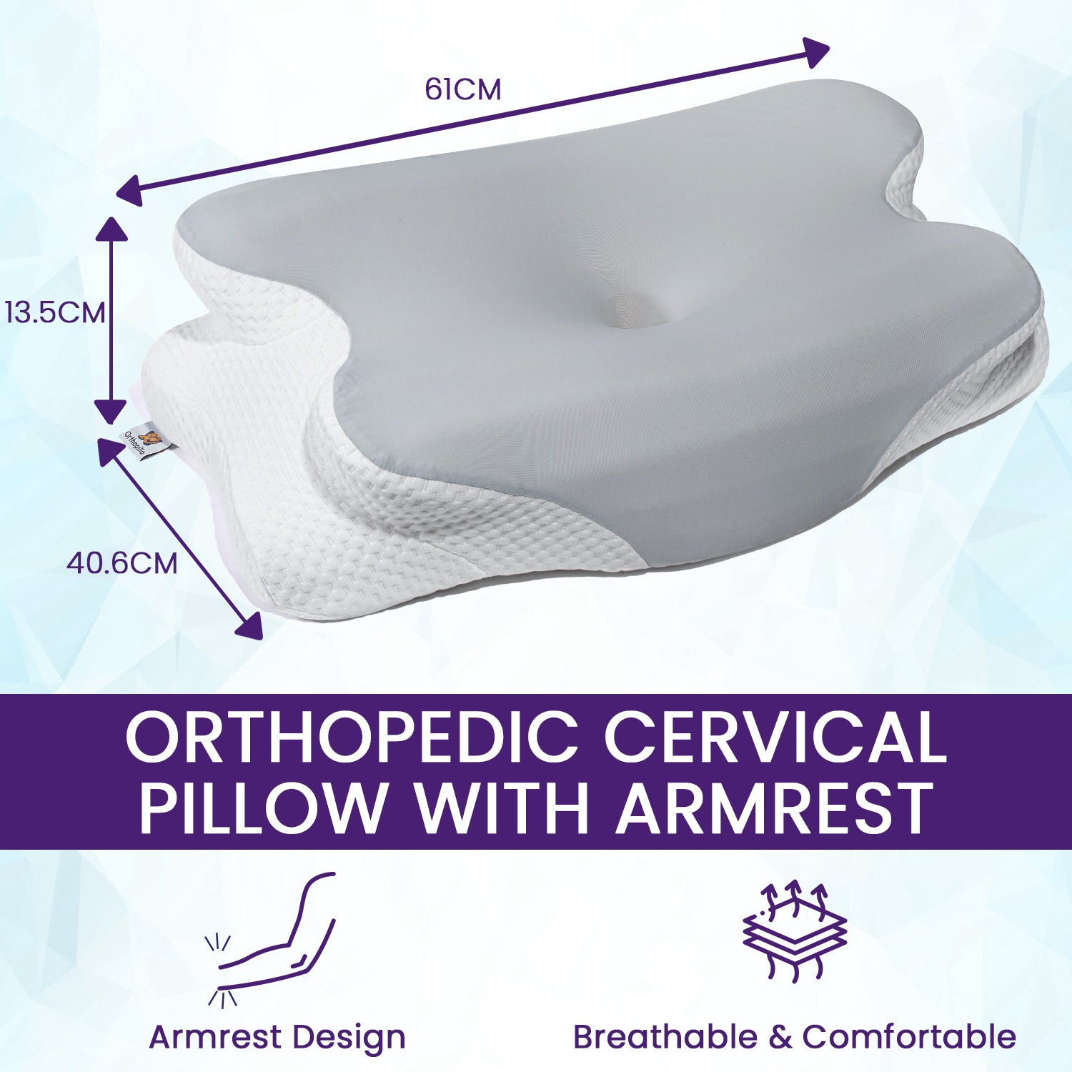 Orthopedic cervical pillow with armrest and measurements on a light blue background