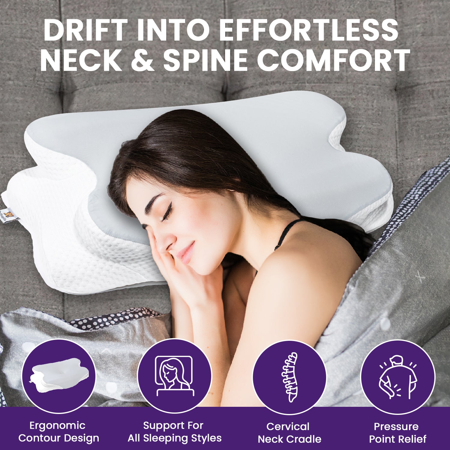 Woman using a neck pillow with text highlighting comfort features on a gray couch.