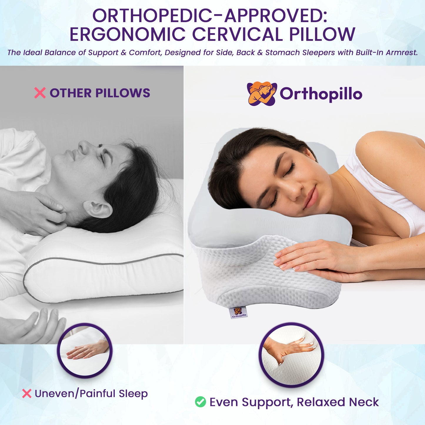 Orthopedic cervical pillow advertisement with a woman sleeping on it, highlighting support and comfort.