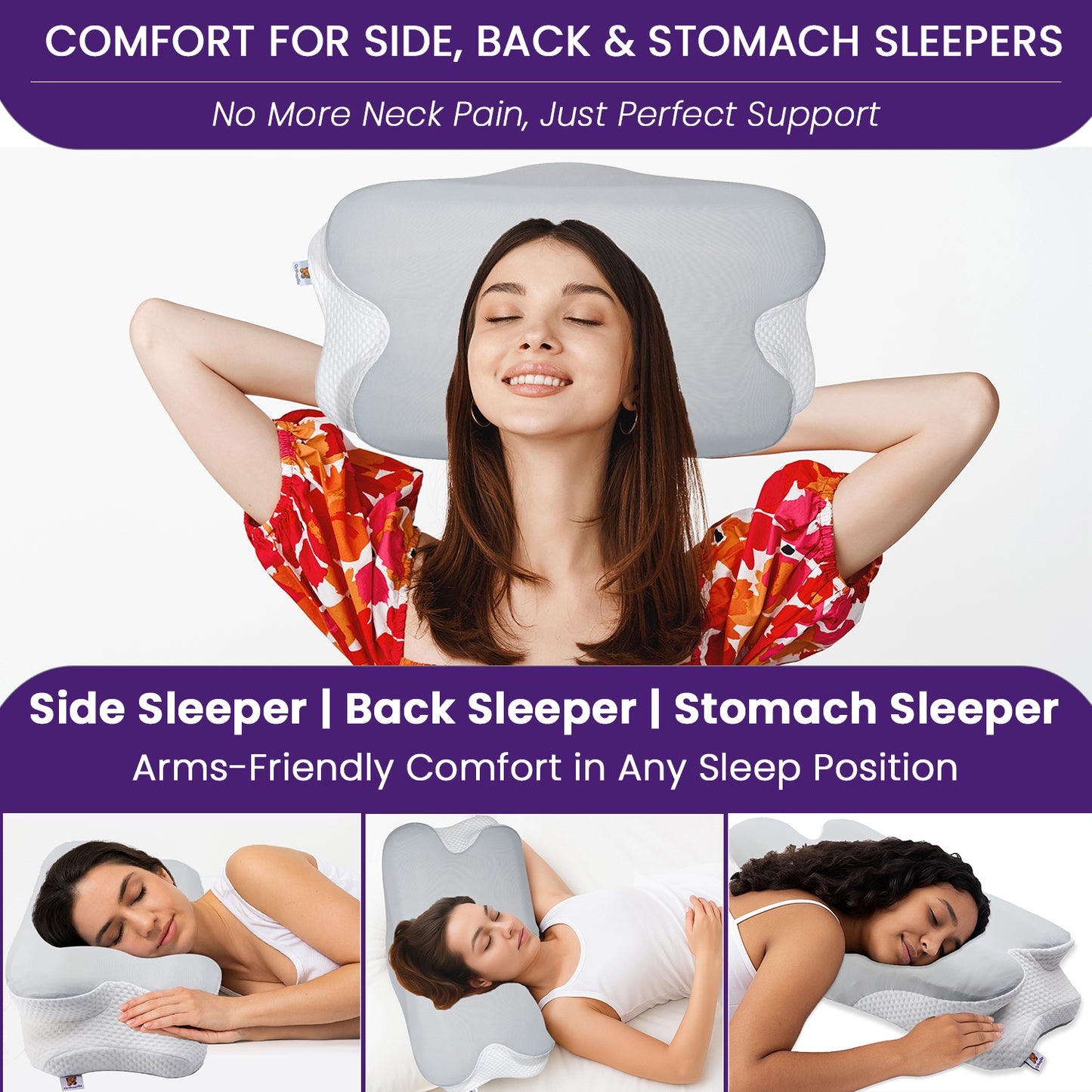 Woman using a neck pillow with text highlighting its benefits for side, back, and stomach sleepers.