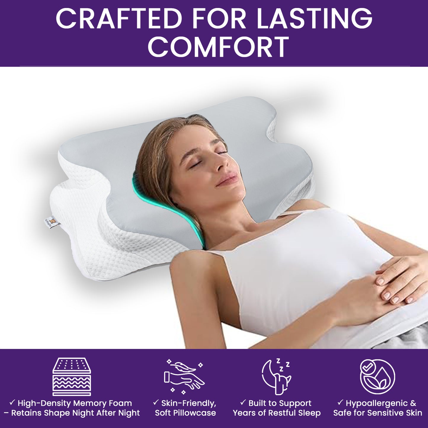 Woman using a memory foam pillow with text 'Crafted for Lasting Comfort' at the top.