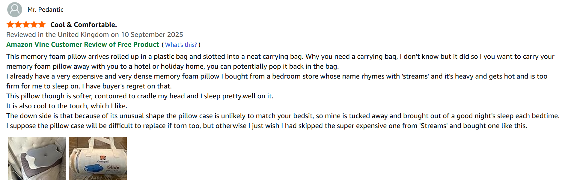 Product review with images of a pillow and packaging on a white background