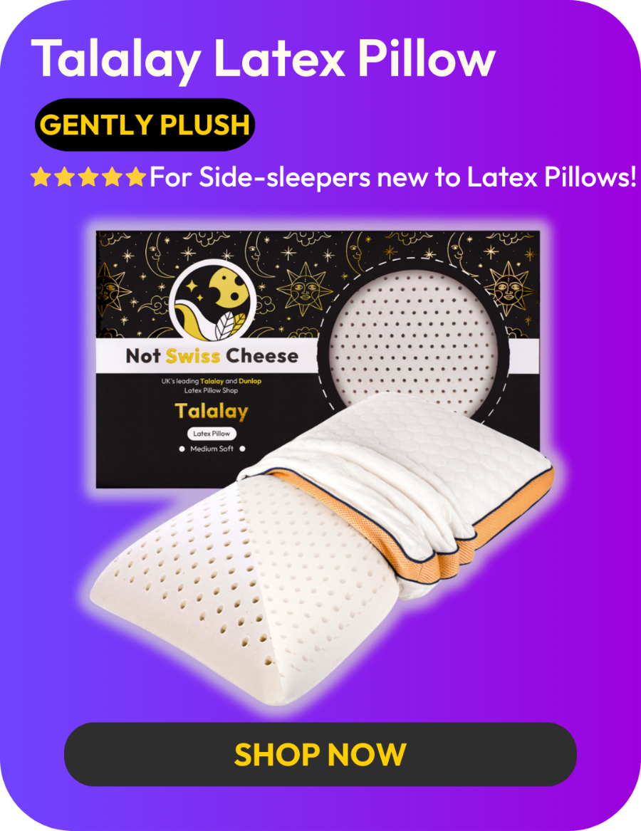 Talalay Latex Side sleeper Pillow for Neck pain with packaging on a purple background