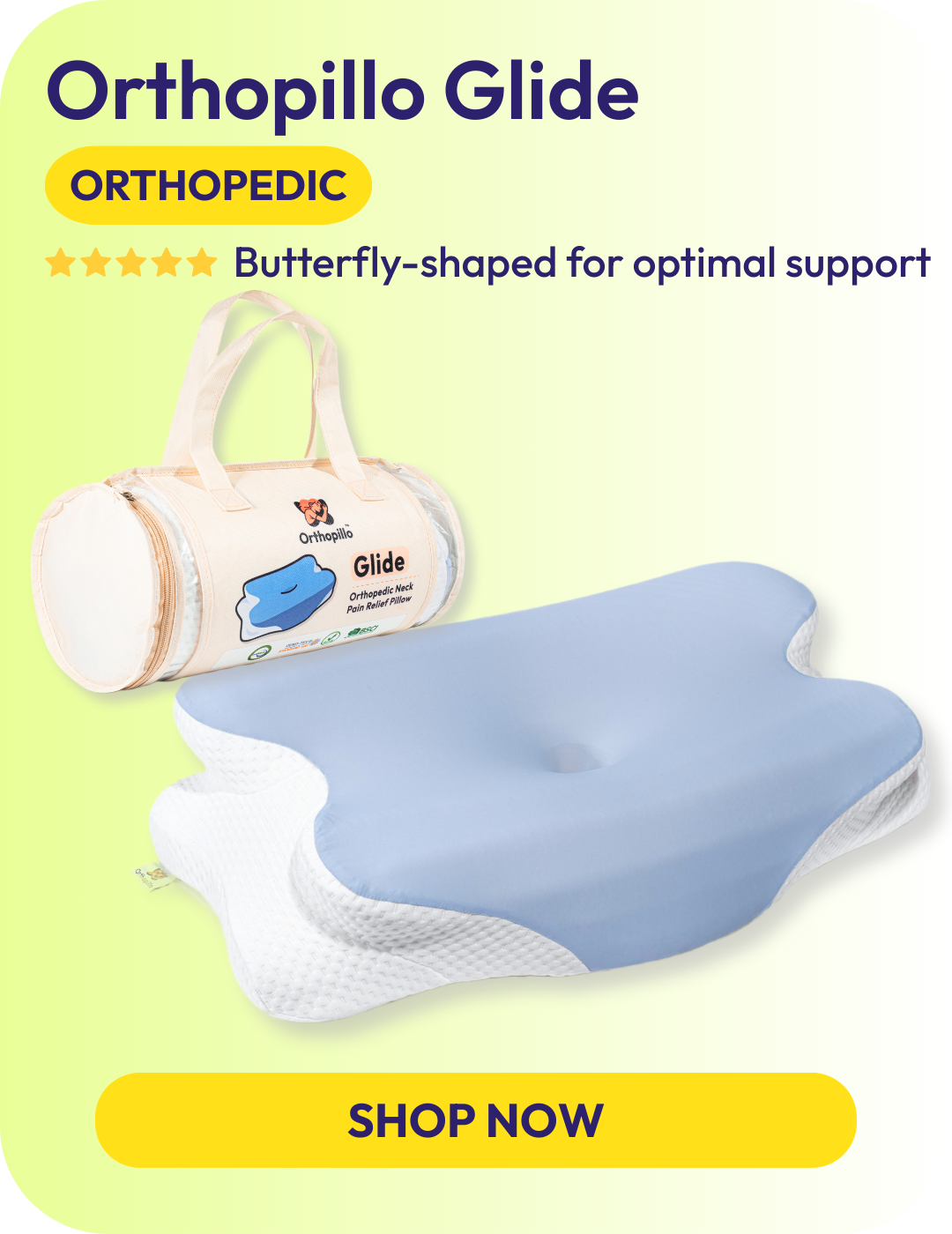 Orthopaedic pillow with packaging on a green background, featuring the brand 'Orthopillo'.