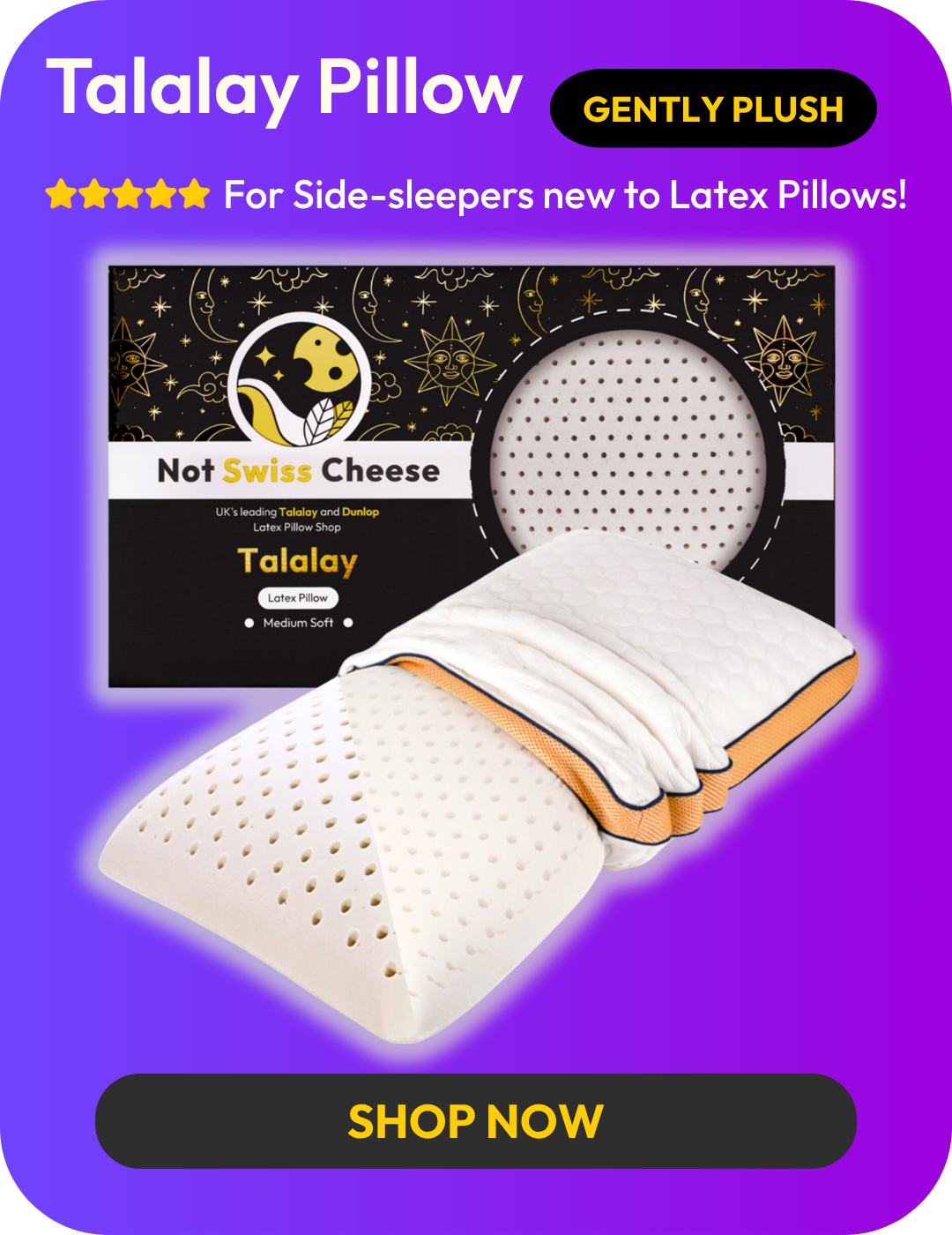 Talalay latex pillow for side sleepers with packaging on a purple background