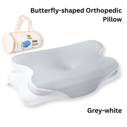 Butterfly-shaped orthopedic pillow with a smaller pillow labeled 'Glide' on a white background.