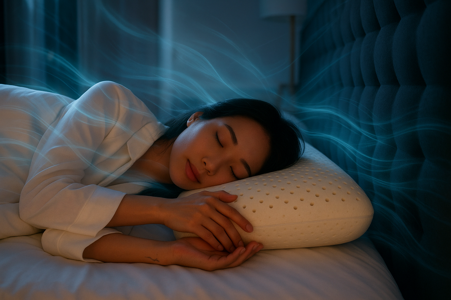 Woman sleeping on a pillow with a blue light effect in the background
